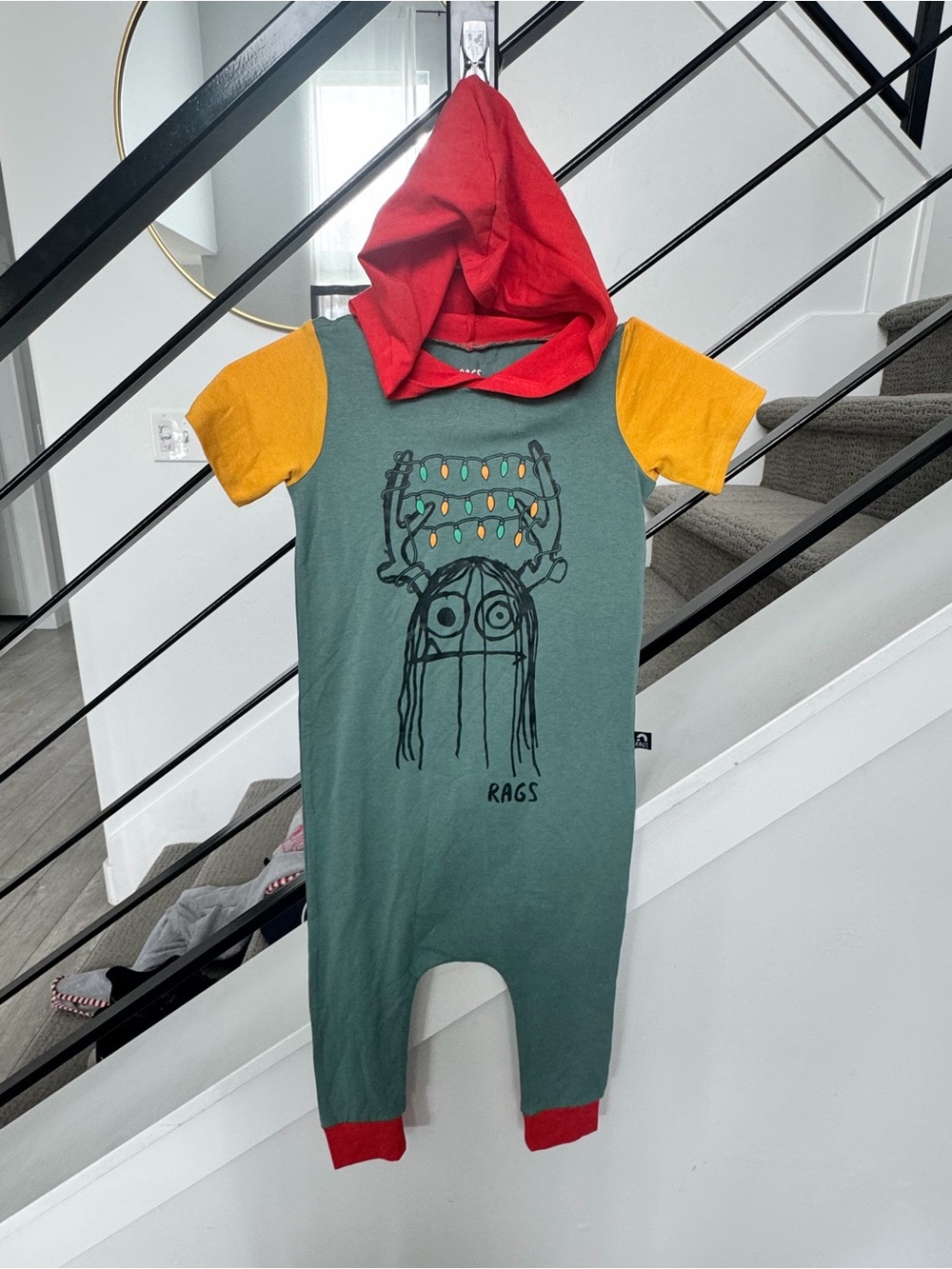Rags Christmas Green Graphic Hooded Romper w/Red Hood and Yellow Sleeves